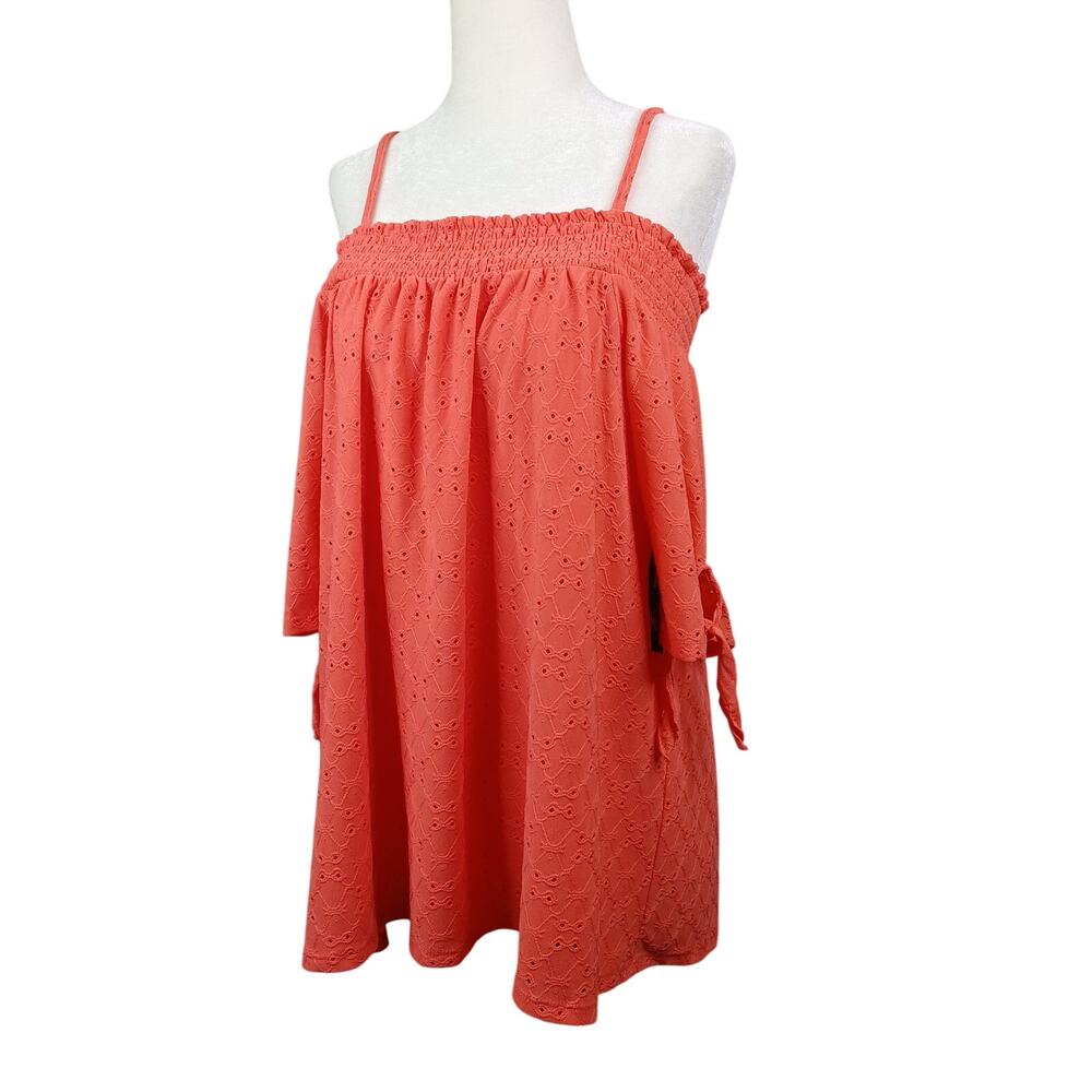 New Directions Orange Off Shoulder Tunic Top Size L Eyelet Boho Coquette Smocked